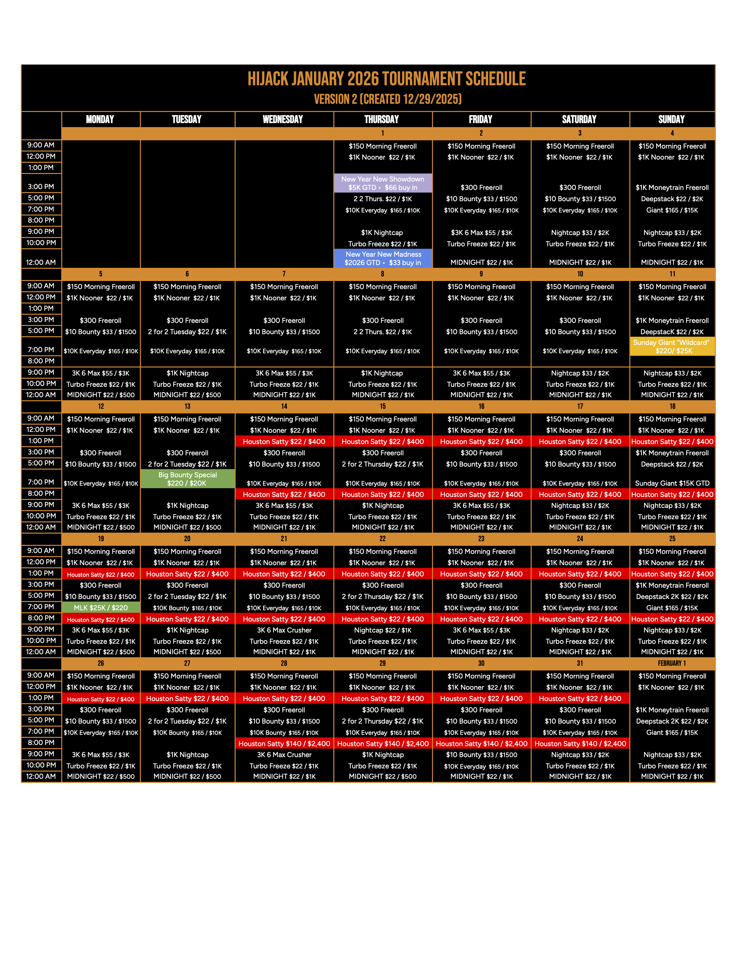 Jan 2026 Tournament Schedule