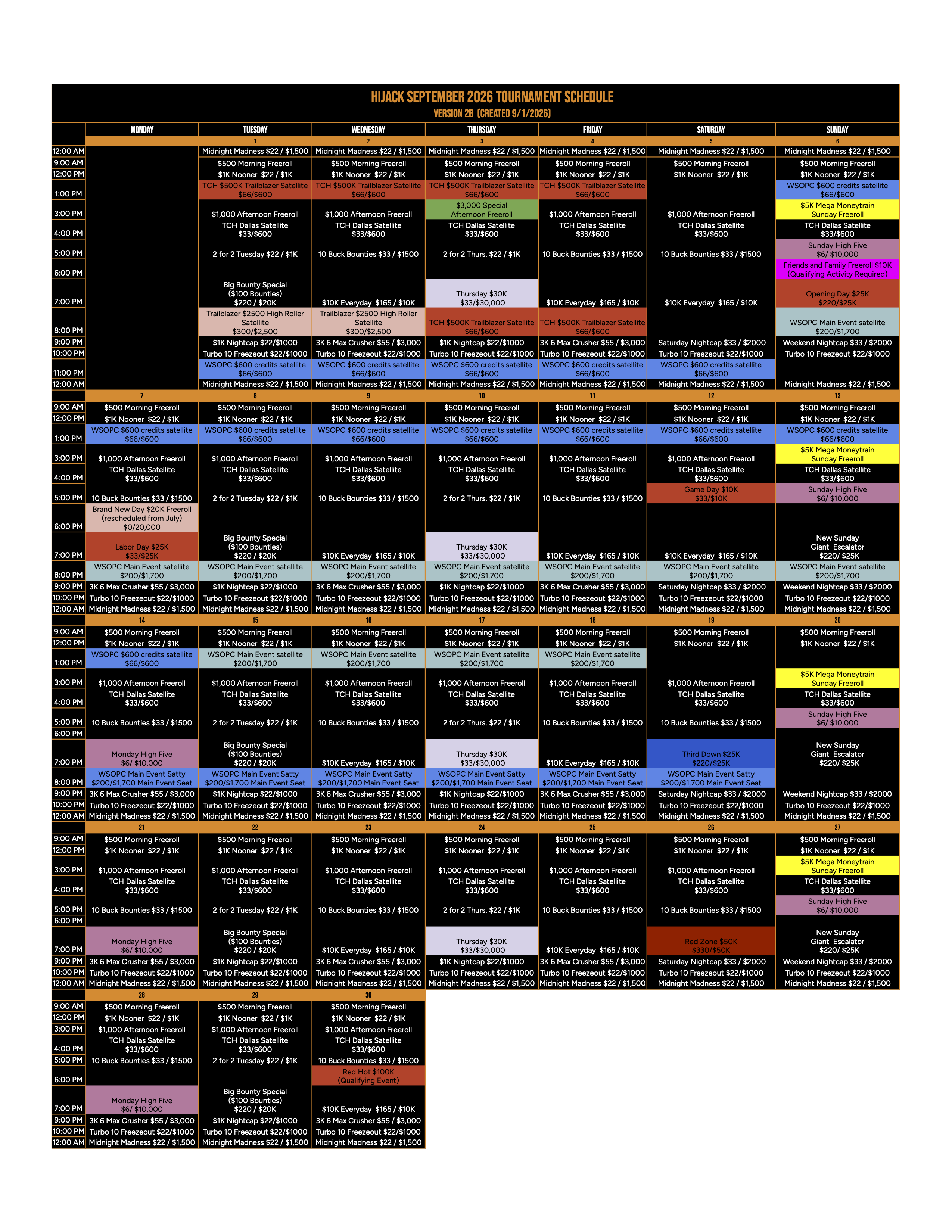 Hijack September 2026 Tournament Schedule - 2b